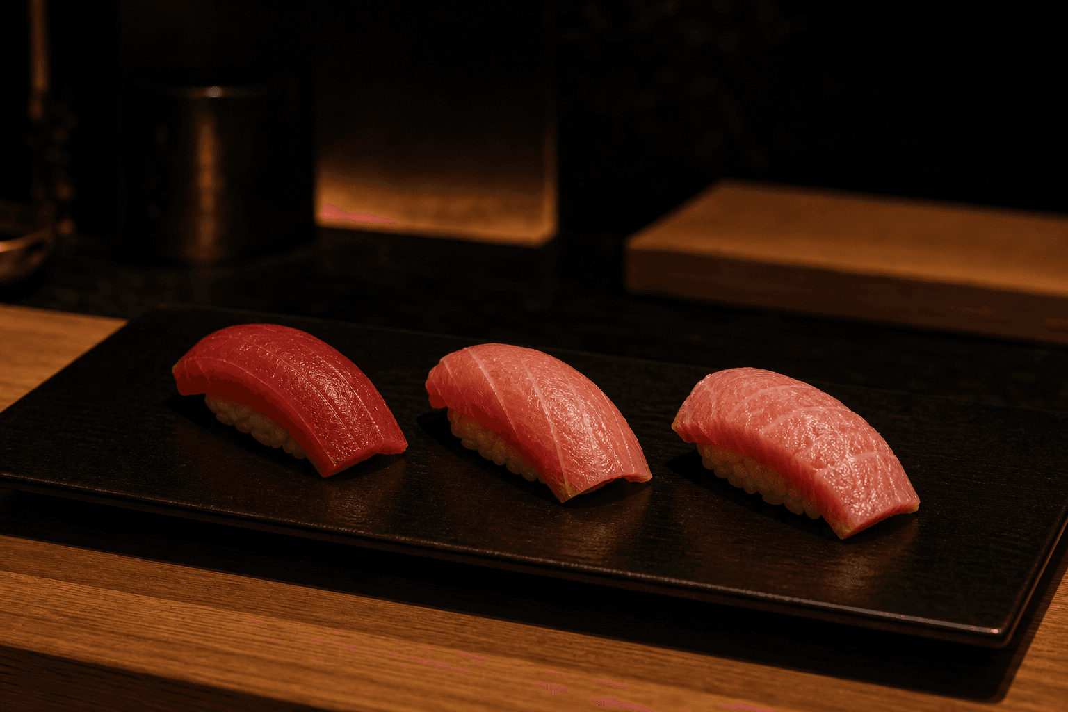 Nigiri akami, chutoro și otoro așezate pe lac negru