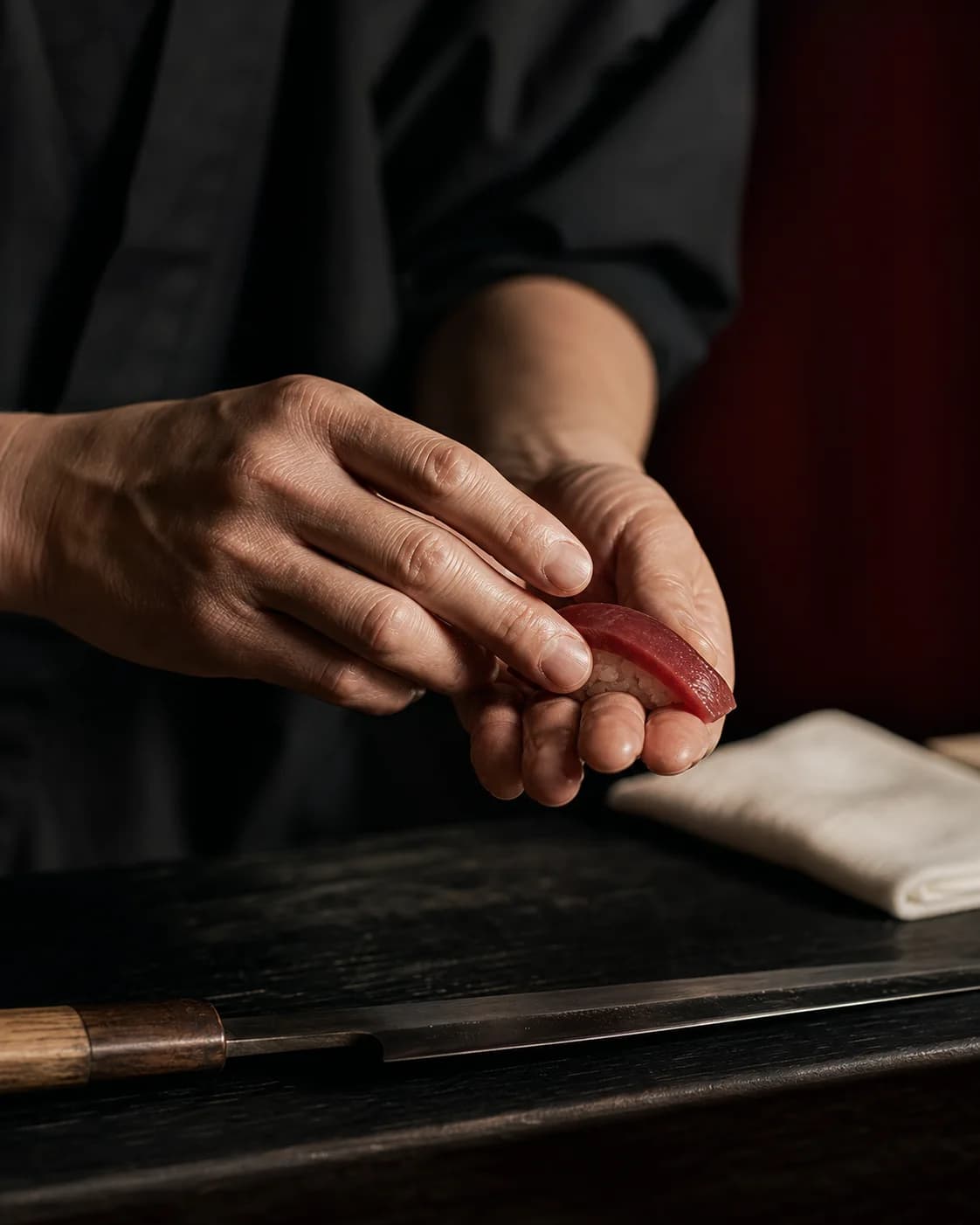 Un chef modelează cu atenție un nigiri cu ton la un counter întunecat